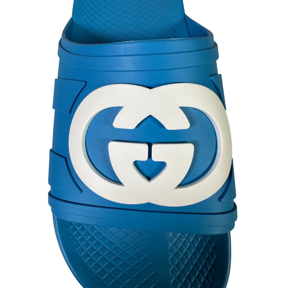 NIB Gucci Rubber Slide Sandals Blue with White GG Logo UK8 US8.5 - Picture 6 of 9